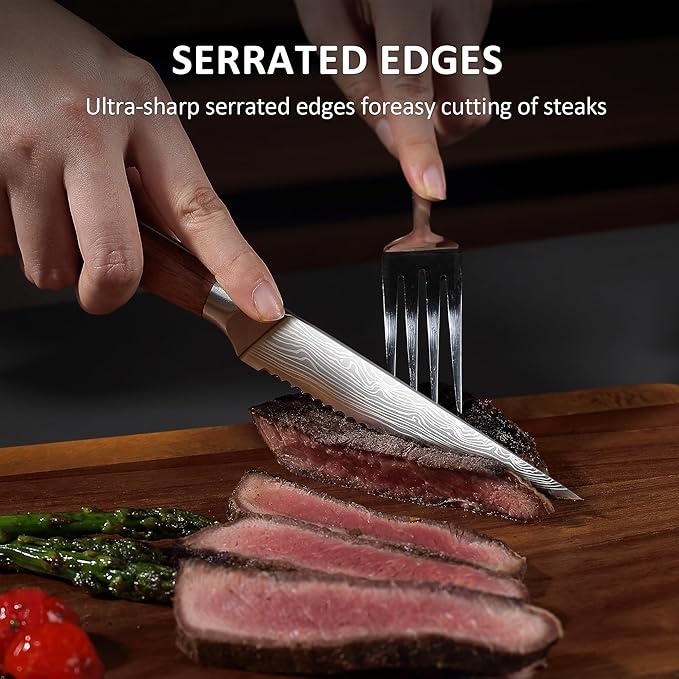 YOTSUBA Steak Knives Set of 6, 4.5 Inch Steak Knife Set, Razor-Sharp High-Carbon Stainless Steel Kitchen Steak Knife with Ergonomic Wood Handle, Dinner Knives with Gift Box