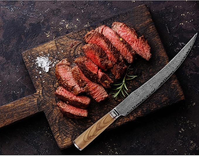 YOUSUNLONG Slicing & Carving Knife -10''(25.4cm) - Damascus Steel - Japanese Hammered Super Steel - Razor Sharp - Italian Olive wood Handle With Leather Sheath -Ham Slicer- Slicing Cleaver