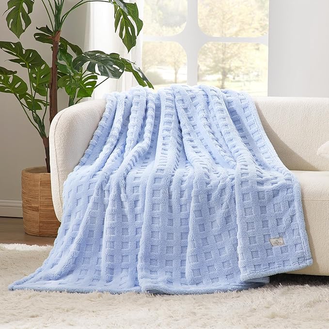 Cozy Bliss Soft Twin Size Waffle Blanket - Lightweight Cozy Blankets Gift for Women,Cute Checkered Throws Blanket for Bed, Couch and Sofa,Light Blue,60x80 Inches