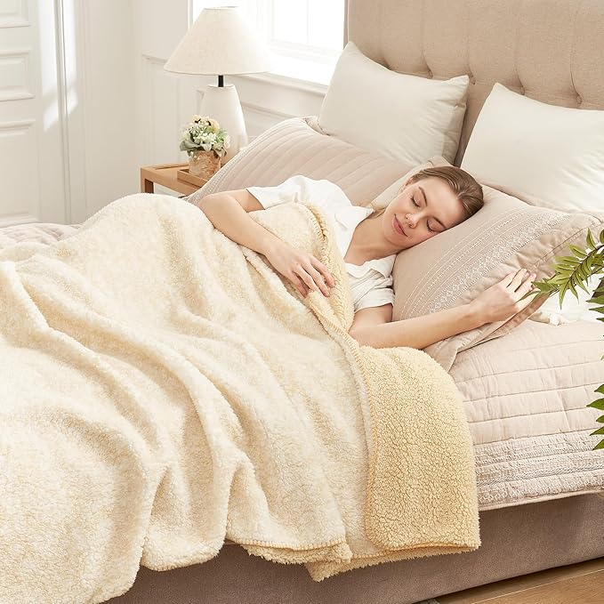 Cozy Bliss Luxury Sherpa Throw Blanket for Couch, Premium Reversible Plush Thick Throw, Warm Cozy Soft Blanket for Home and Gifts (Mottled Beige, 60" x 80")