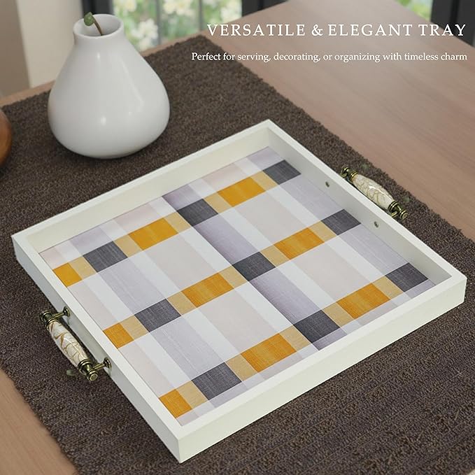Rustic White Wooden Frame Plaid Serving Tray with Ceramic Handles, Yellow Grey White Checkered Decorative Breakfast Tray, Velvet Bottom, 16.3" x 15" x 1.6"