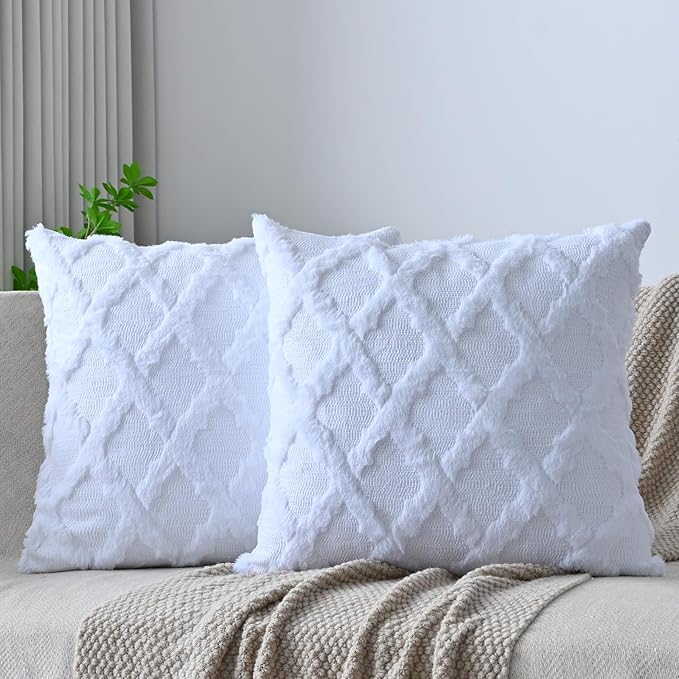Set of 2 Soft Moroccan Throw Pillow Covers 20x20 Inch Plush Boho Decorative Pillow Cover Accent Cushion Case for Couch Sofa Bed, Pure White