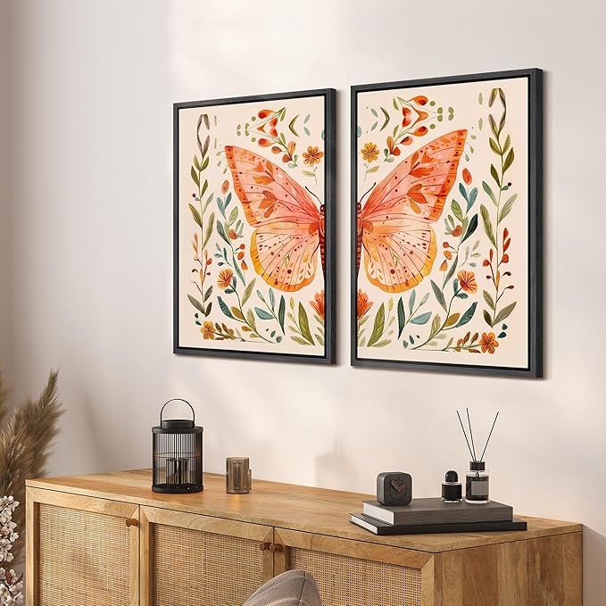SIGNFORD Framed Canvas Print Wall Art Set Whimsical Butterfly and Florals Colorful Nature Illustration Modern Art Decorative Nordic Nature for Living Room, Bedroom, Office - 24"x36"x2 Black