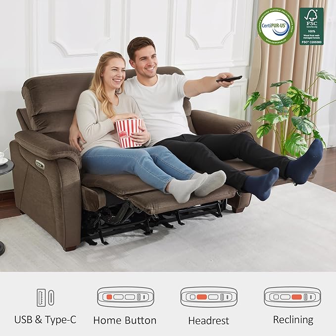 MCombo Zero Wall Recliner Loveseat, Power Recliner Loveseat with Adjustable Headrest, USB A & C Charge Ports, Wood Legs, for Living Room, RVs, Small Spaces (Fabric, ST258M1, Coffee)