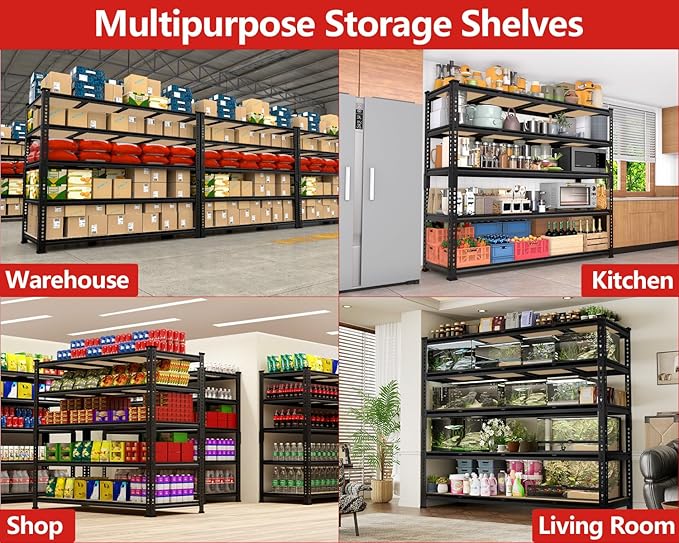 PrimeZone 60" W X 24" D X 72" H Heavy Duty Garage Storage Shelves - Adjustable Metal Shelving Unit, 5 Tier Industrial Shelves for Storage Standing Utility Rack for Warehouse, Basement, Black, 4 Pack