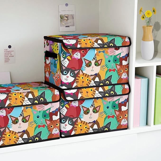 Stackable Clothes Storage Bins with Lids,Closet Organizers Fabric Cat Printing Box for Home and Office,Blanket Clothes Organizers,Under Bed Storage Containers 3 Pack.