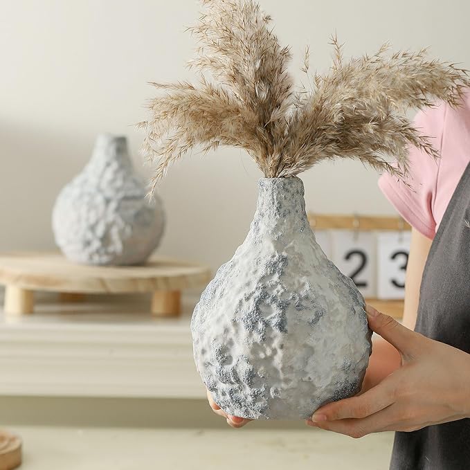 Stone Vases Set of 2, Ceramic Bud Vase Minimalist Vases for Pampas Grass,Modern Vase for Wabi Sabi Home Decor, Shelf Decoration,Fireplace Decor,Coffee Table Decor