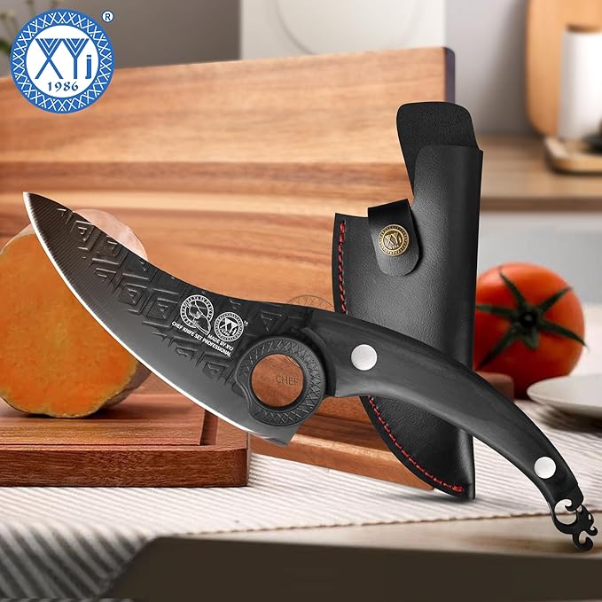 XYJ Authentic Since 1986, FULL TANG 6 Inch Boning Knife With Sheath, Stainless Steel Deboning Meat Cleaver for Meat Cutting, Vegetable Kitchen Knife for Outdoor Camping