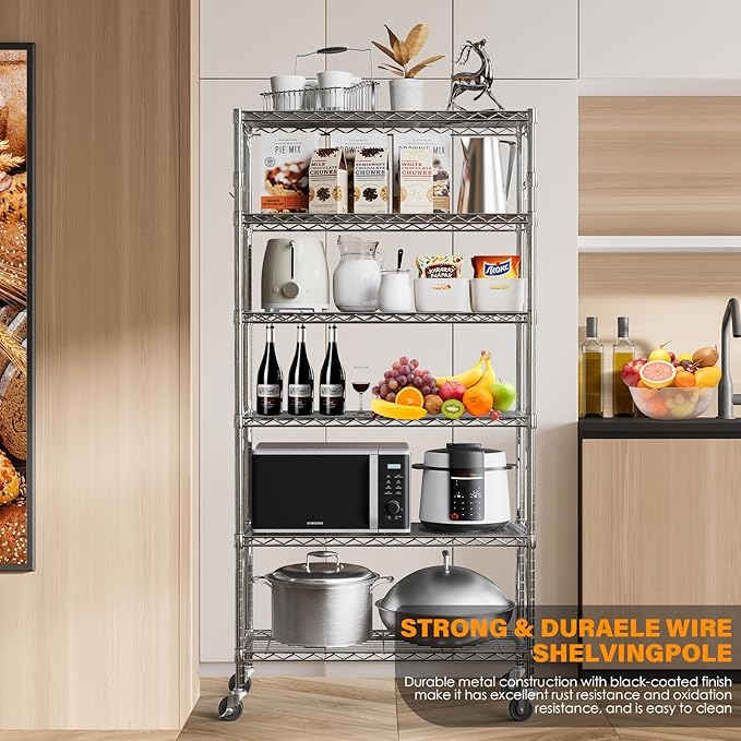 YNN Storage Shelves,6000Lbs 6 Tier Heavy Duty Metal Rolling Shelving Unit with Wheels & 8 Hooks, Adjustable Garage Wire Rack for Kitchen, Bathroom,Industrial,Pantry(36" W x 14" D x 72" H, Chrome)