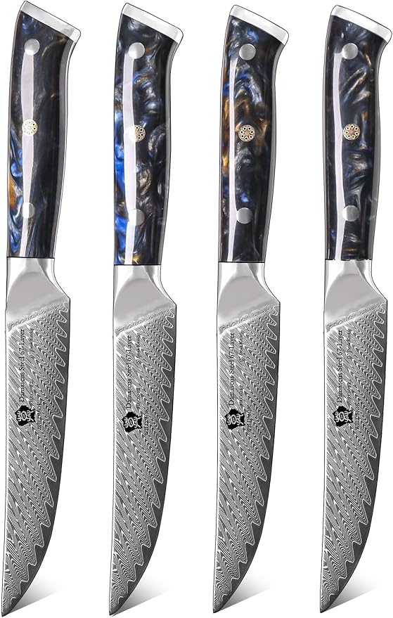 WILDMOK Steak Knives, 5 inch Non Serrated Steak Knife Set of 4, Japanese Damascus VG10 Steel Steak Knives,Premium Steak Knives Set with Gift Box