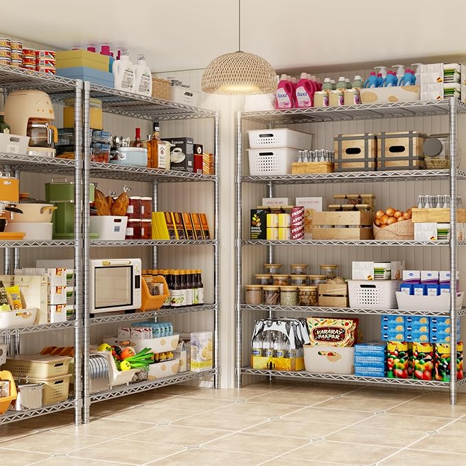 Storage Shelves, 2 PCS 48" L x 20" W x 72" H Heavy Duty Garage Wire Shelving Unit Loads 2000LBS, 5-Tier Adjustable Metal Industrial Utility Shelf Rack for Kitchen, Laundry Room, Basement