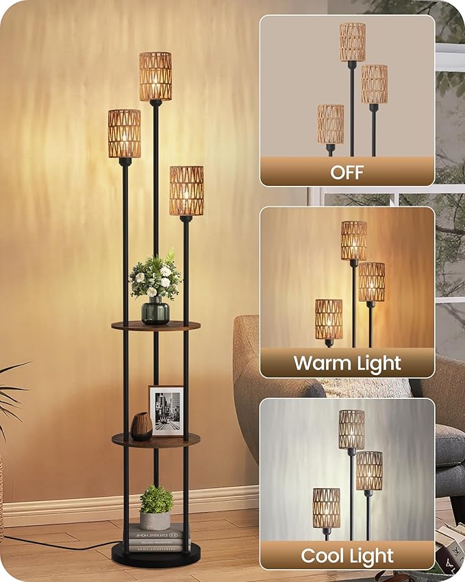 Floor Lamp with Shelves, Boho Floor Lamp with Foot Switch, 3-Light Standing Lamp, for Living Room, Bedroom, Study, Rustic Brown and Yellow YF53LD05 