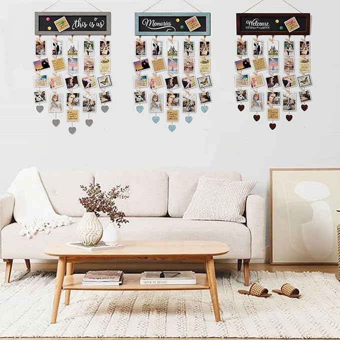 Picture Frames Cool Grey Collage Display Board with 30 Clips - Multi Photos Cards Organizer with Adjustable Twines and Magnetic Blackboard - DIY Wall Decor Hanging Picture Holder 15.7x5 Inches