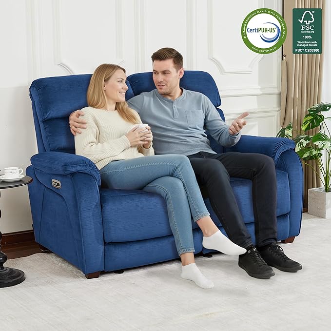 MCombo Zero Wall Recliner Loveseat, Power Recliner Loveseat with Adjustable Headrest, USB A & C Charge Ports, Wood Legs, for Living Room, RVs, Small Spaces (Fabric, ST258M1, Navy Blue)