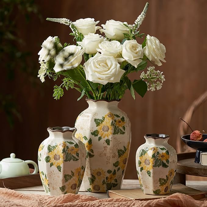 Levvohd Vintage Pastoral Octagonal Vase, 9.3 Inch Ceramic Sunflower Flower Vases, Rustic Farmhouse Antique Chinoiserie Floral Vase for Wall Art Bedroom and Shelf Home Decor (Octagonal)