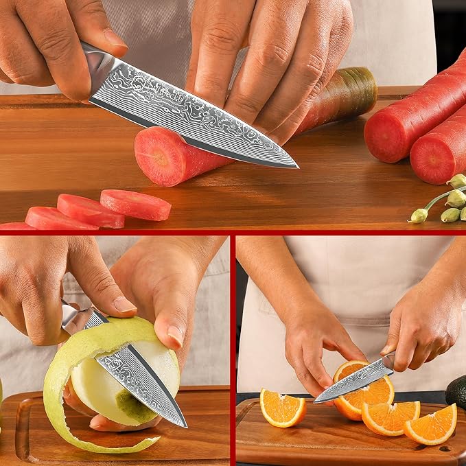 Sunnecko Paring Knife 5 Inch, Small Kitchen Knife with VG10 Damascus Steel Utility Knife with Solid Handle Fruit Knife Perfect for Cutting Fruit and Vegetables Peeling Knife with Gift Box Petty Knife
