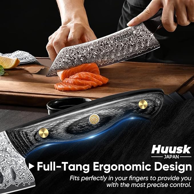 Huusk Damascus Kiritsuke Knife 7inch - Japanese Knives with Sharp Edge and Wooden Handle Hand Forged Chef Knives for Home Use, Meat Vegetables Fish Knives, Birthday Gift for Men