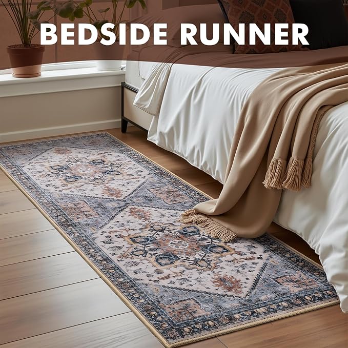 Runner 2x6 Runners for Hallways Runner-Rugs for Bedroom Soft Kitchen Machine Washable Vintage Oriental Floral Medallion Laundry Rug Non Slip Blue Rust