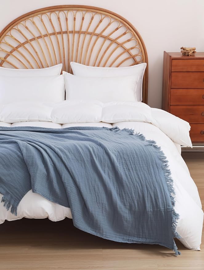 100% Cotton Muslin Throw Blanket for Bed, Couch, Small, Decorative, Soft, Pre-Washed, Breathable and Lightweight Gauze Blanket with Tassels, Suitable for All Seasons, Grey Blue, 50"x60"