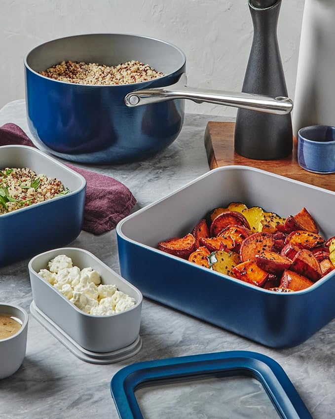 Caraway 2pc Glass Food Storage Set - 10 Cup Food Containers (2) - Ceramic Coated - Non Toxic, Non Stick Lunch Box with Lids. Dishwasher, Oven, & Microwave Safe - Navy