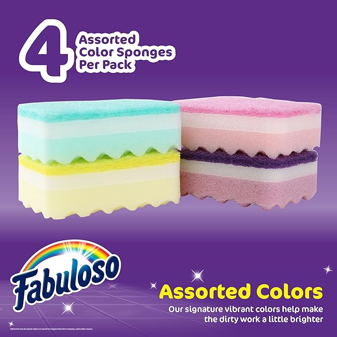 Fabuloso Sponges, Rainbow - Scratch-Free Scrubber for Dishes and Surfaces - Dishwashing Sponge for Bold and Bright Cleaning Experience, 4 Count