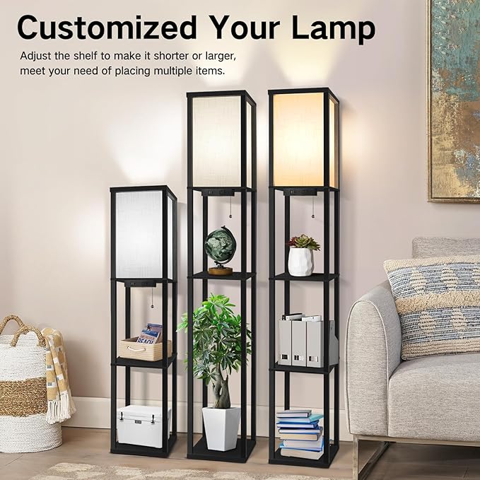 OUTON Floor Lamp with Shelves, LED Shelf Floor Lamp with 1 USB & 1 Type C Ports, 1 AC Outlet, 3 Color Temperature, Storage Display Wood Column Tall Standing Lamp for Living Room, Bedroom Office, Black