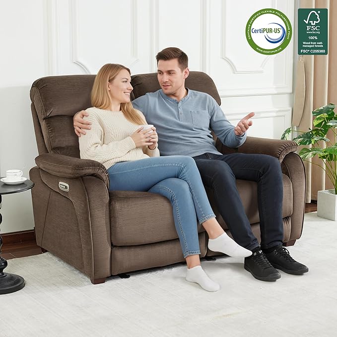 MCombo Zero Wall Recliner Loveseat, Power Recliner Loveseat with Adjustable Headrest, USB A & C Charge Ports, Wood Legs, for Living Room, RVs, Small Spaces (Fabric, ST258M1, Coffee)