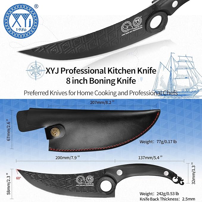 XYJ Authentic Since 1986, FULL TANG 8 Inch Boning Knife With Sheath, Stainless Steel Deboning Meat Cleaver for Meat Cutting, Vegetable Kitchen Knife for Outdoor Camping