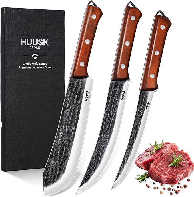 Huusk Butcher Knife Set for Meat Cutting, 3PCS Carving BBQ Brisket Knives, Hand-forged Kitchen Knive Set with Ergonomic Handle, Gift for Men Women