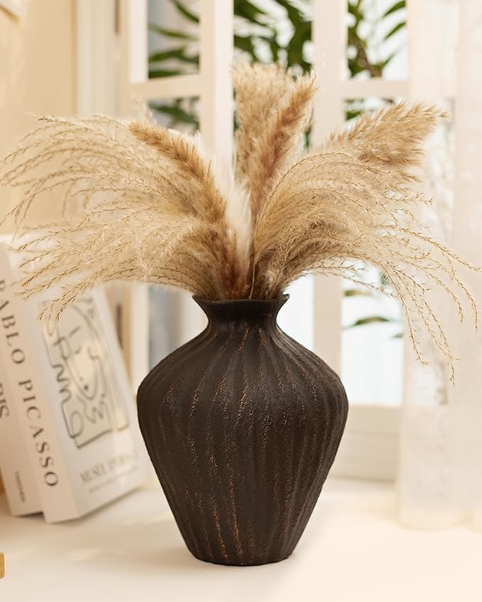 Black Ceramic Vase 7.95 Inch – Handmade with Hand-Painted Gold Detailing – Sculptural Art Decor for Modern Minimalist Home – Organic Tabletop Flower Vase for Living Room or Shelf
