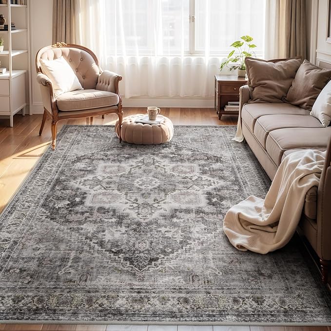 Washable Rugs for Living Room 8x10 Area Rug Soft Living Room Carpet-Rugs for Bedroom Vintage Oriental Floral Dining Room Non Slip Grey