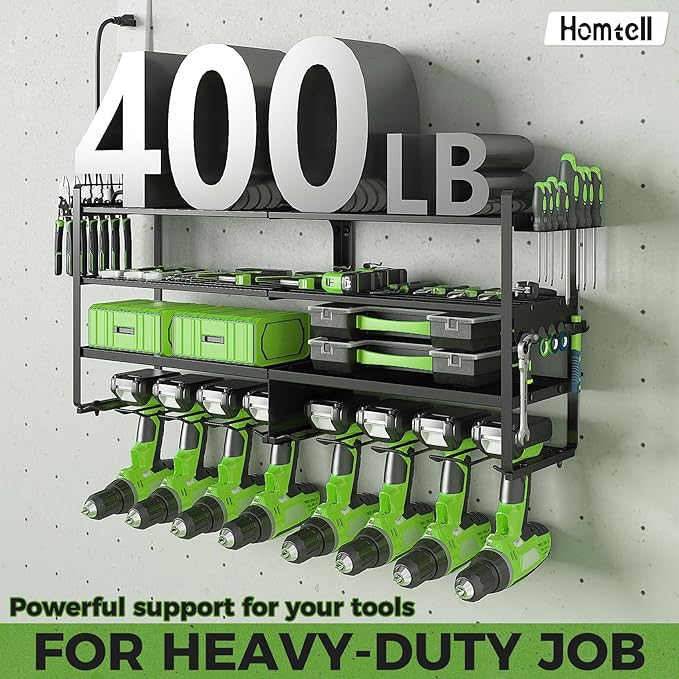 Max Loads 400lbs Power Tool Organizer Wall Mount, 4 Layer Garage Organization with 8 Cordless Drill Holder,Heavy Duty Metal Tool Storage Rack with 8 Outlet Power Strip for Room, Workshop