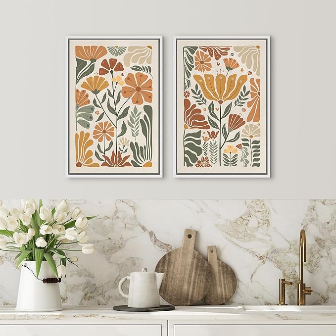 SIGNFORD Framed Canvas Print Wall Art Set Vintage Flower in Pastel Illustration Modern Art Decorative Nordic Nature for Living Room, Bedroom, Office - 24"x36"x2 White