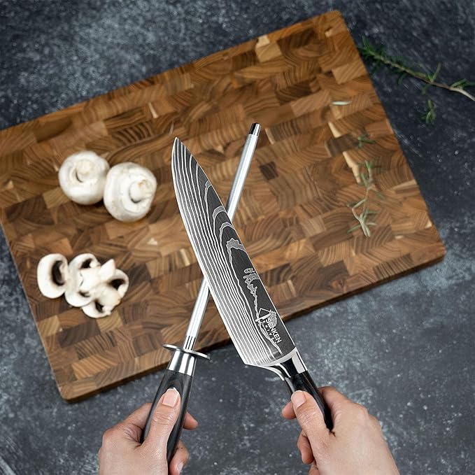 SENKEN Professional Emery Knife Sharpening Steel - Incredibly Strong Emery Rod for Sharpening & Honing Knives Up to 63 HRC Including All Damascus Knives (Smoothly Finished Wood)