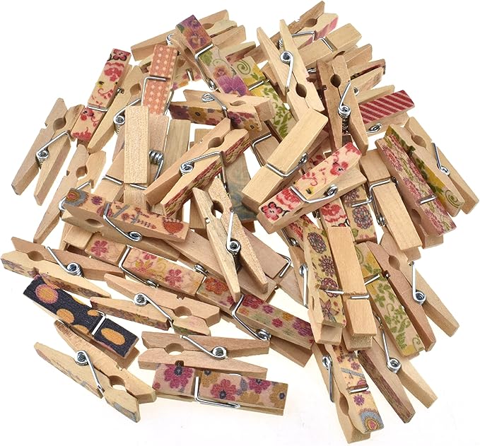HAHIYO Colorful Painted Wooden Clothes Pins Clothespins Small Aviod Fall Apart 1.38 Inches Length 50 Pack Strong Springs No Rust No Discoloration for Laundry Bathroom DIY Craft Photos Food Opened Bags