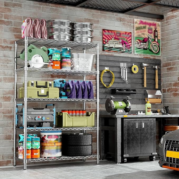 Storage Shelves, 4 PCS 36" L x 14" W x 72" H Heavy Duty Garage Wire Shelving Unit Loads 1750LBS, 5-Tier Adjustable Metal Industrial Utility Shelf Rack for Kitchen, Laundry Room, Basement