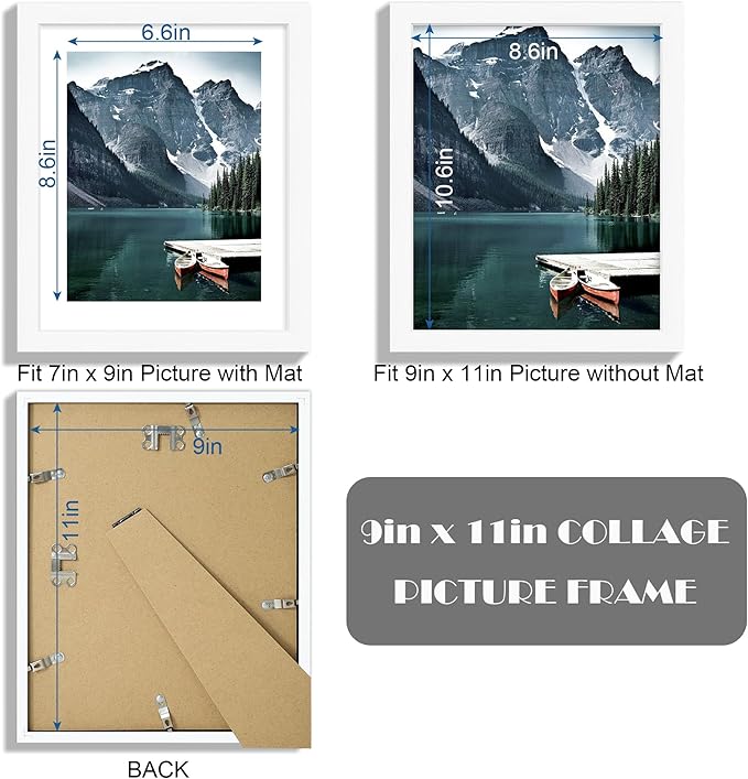 9x11 Picture Frame with Real Glass - Display Pictures 7x9 with Mat or 9x11 without Mat, Photo Frame for Wall or Table Top Display(White, 3 Pack)