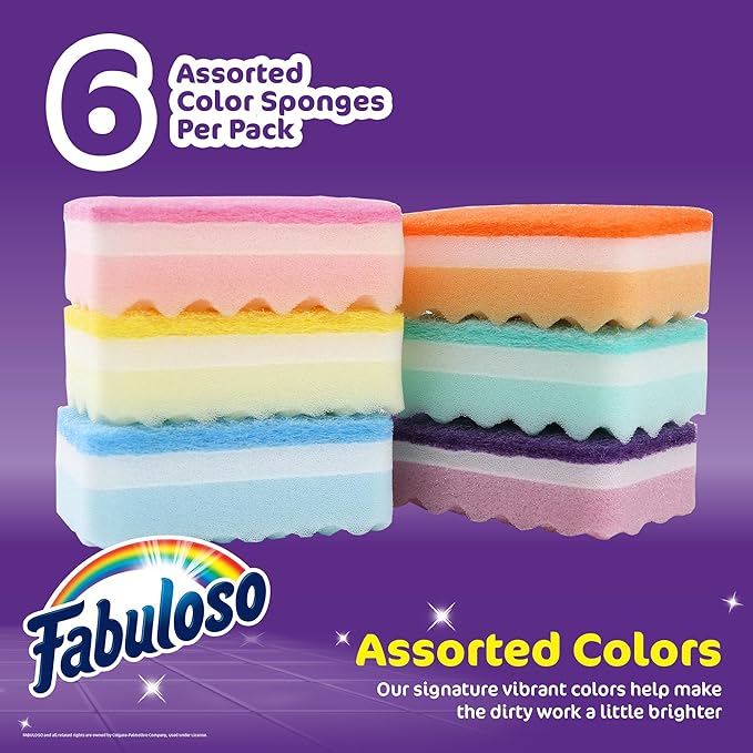 Fabuloso Sponges, Rainbow - Scratch-Free Scrubber for Dishes and Surfaces - Dishwashing Sponge for Bold and Bright Cleaning Experience, 6 Count