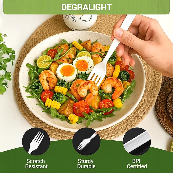 100% Compostable Froks - 100Pcs Heavy Duty Forks Disposable Utensils, BPA-Free, Heat Resistant, CPLA Disposable Forks, BPI Certified CPLA Disposable Cutlery for Party, Office & Picnic