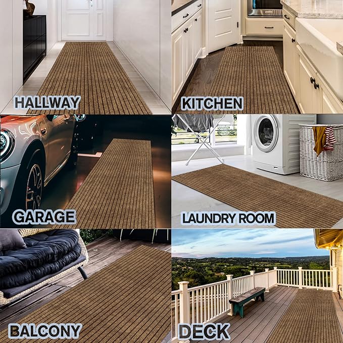 Custom Size Backed Non-Slip Area Rugs Runner, Easy Clean, Waterproof Runner Rugs for Hallway Entryway, Kitchen, Laundry, 2FT x 44FT, Brown Stripe