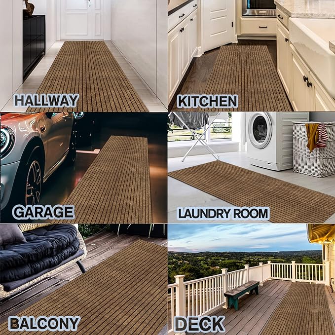 Custom Size Backed Non-Slip Area Rugs Runner, Easy Clean, Waterproof Runner Rugs for Hallway Entryway, Kitchen, Laundry, 2FT x 37FT, Brown Stripe
