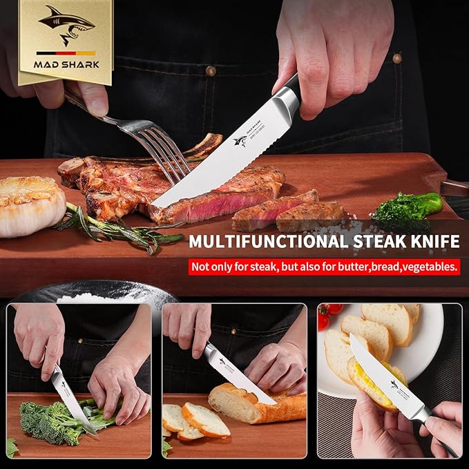 MAD SHARK Steak Knives Set of 8,Premium 12.6-inch Serrated Steak Knife Set,Ultra Sharp German High Carbon Stainless Steel Triple Rivet Collection 8-Piece Kitchen Steak Knife Set (STEAK KNIFE SET OF 8)