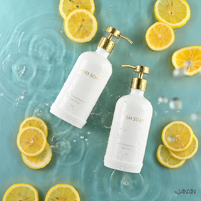 Glass Soap Dispenser Set with Ceramic Tray, 16.9 floz Hand and Dish Soap Dispenser for Bathroom Decor, White and Gold Kitchen Accessories (White Bottles + Gold Pumps)