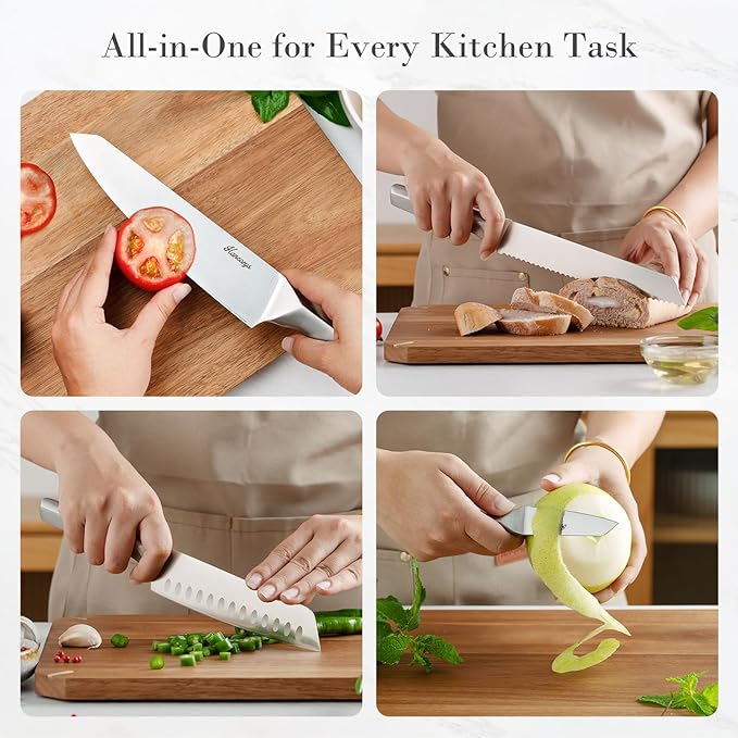 Kitchen Knife Set, Japanese Stainless Steel Knife Block Set with Built-in Sharpener, Sharp Knives with Non-slip Ergonomic Handle - Dishwasher Safe, Home Essential Gifts