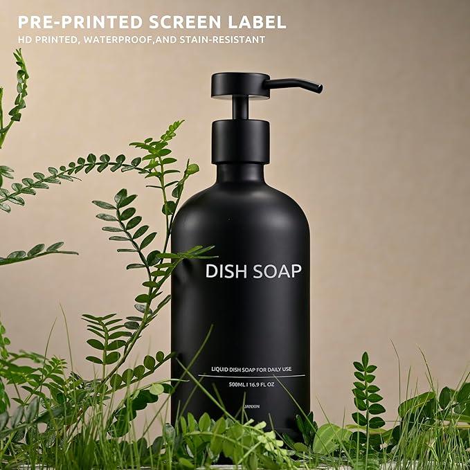 Glass Soap Dispenser Set by Janxin,Bathroom Soap Dispenser Set with Ceramic Tray,Luxury Bathroom Accessories,Modern Kitchen Decor (Black(Dish Soap))