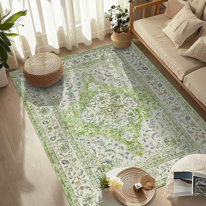 Topllen Washable Area Rug - 4'x6' Boho Living Room Rug, Non-Slip Soft Rugs Indoor for Bedroom Dining Room Office, Vintage Throw Carpet Stain Resistance (Green, 4x6ft)