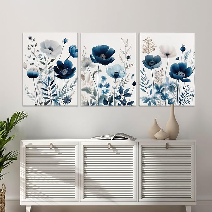 DUWQU 3 Pcs Blue Floral Canvas Wall Art, Elegant Navy Blue Wildflower Lily Daisy Art Wall Decor, Watercolor Botanical Flower Home Poster Art Prints for Living Room Bedroom Bathroom 12×16 Inches