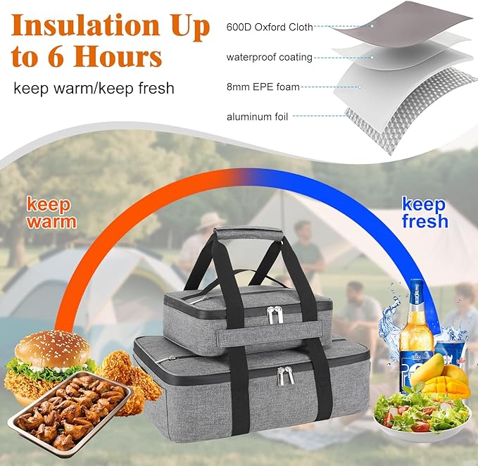Insulated Casserole Carrier for Hot or Cold Food, Fits 8"-15" Baking Dish,Thermal Food Carrier Bag, Lasagna Lugger Tote for Potluck Parties/Picnic/Cookouts/Lunch, Grey,2 Pack