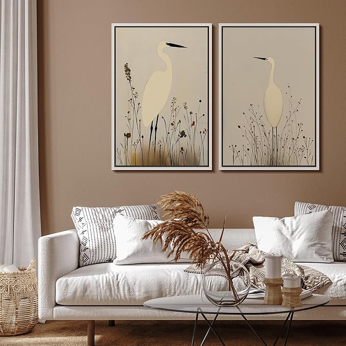 SIGNFORD Framed Canvas Print Wall Art Set Minimalist Heron Art Simplified Shapes in Neutral Tones Illustration Modern Art Decorative Nordic Nature for Living Room, Bedroom, Office - 24"x36"x2 White