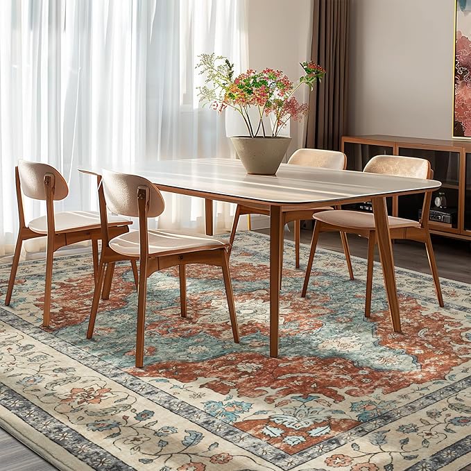 Topllen Washable Area Rug - Area Rug 6'x9' Boho Soft Living Room Rug, Non-Slip Large Area Rugs Indoor for Dining Room Livingroom Bedroom, Vintage Rug (Rust, 6x9ft)